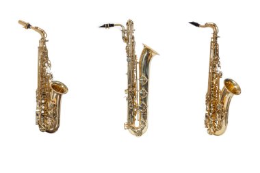 Rüzgar aletleri saksafon Alto, tenor, bariton beyaz bir arka plan karşı izole