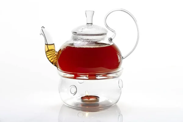 Glass Teapot Glass Stand Heated Candle White Background Black Tea — Stock Photo, Image