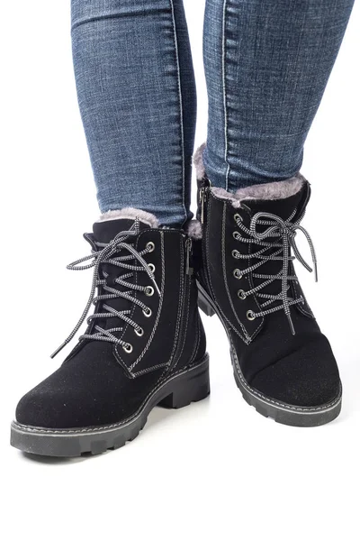 Botas Mujer Demi Season Negras Los Pies Jeans Sobre Fondo — Foto de Stock