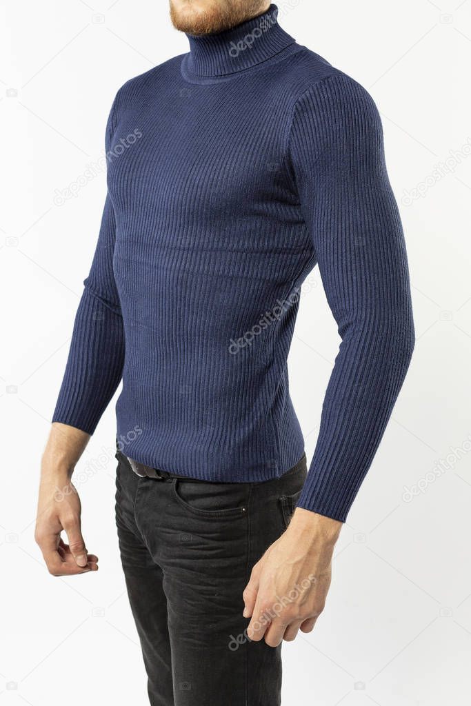 man in blue turtleneck with long sleeves on white background, mock-up, copy space