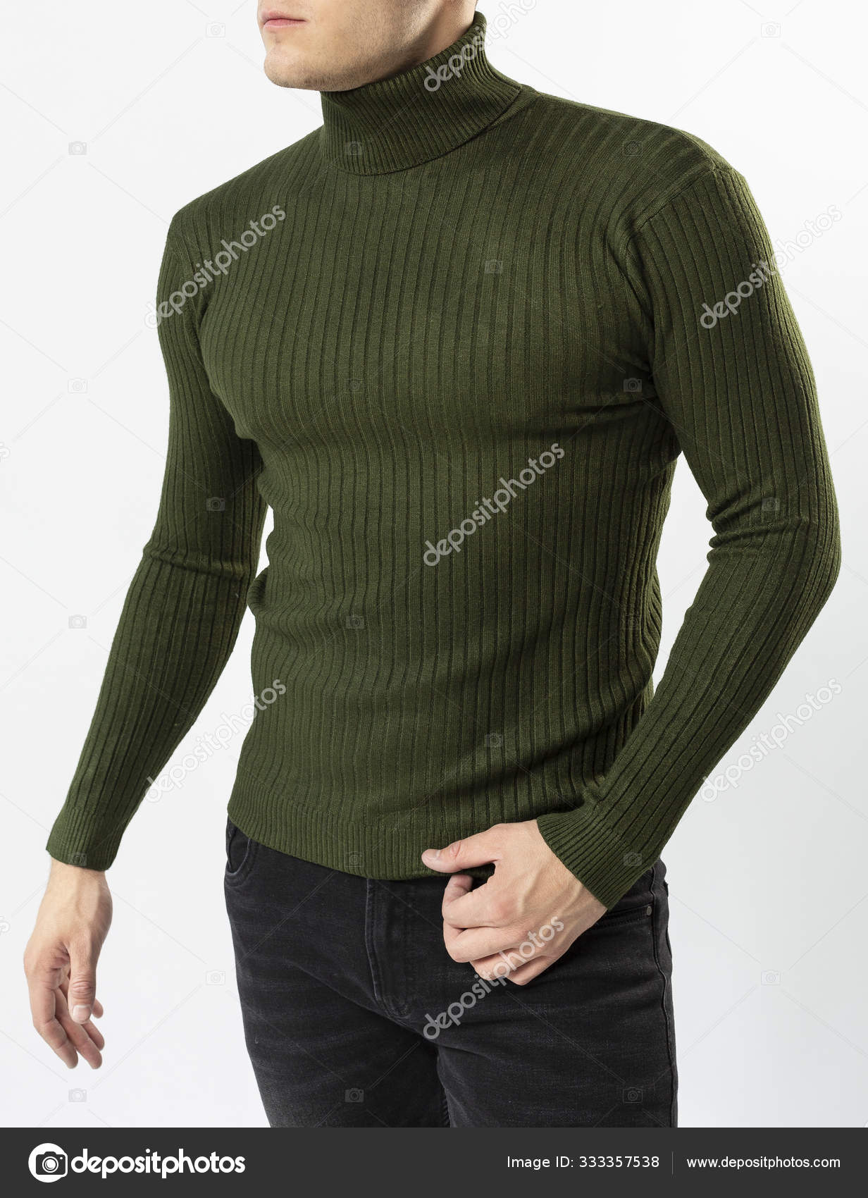 Man Green Turtleneck Black Jeans White Background Green Men's