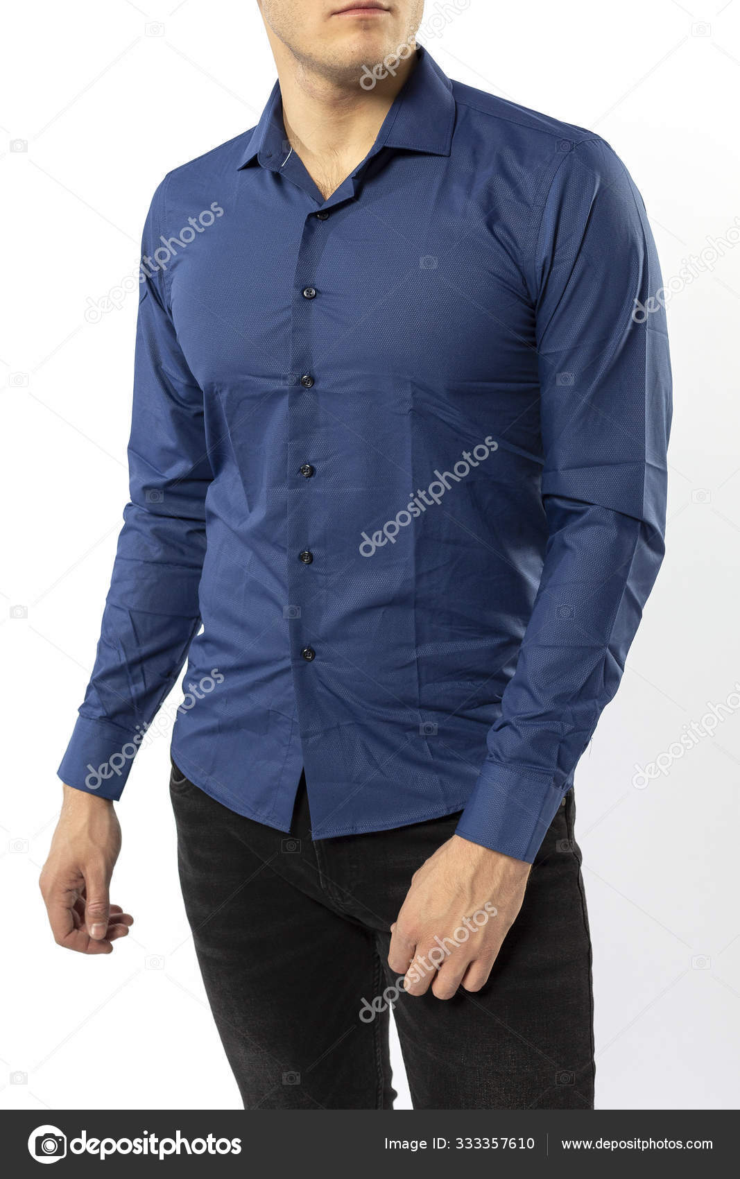 Man Dark Blue Shirt Black Jeans White 