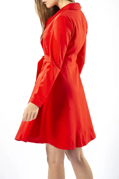 Niña Vestido Corto Rojo Sobre Fondo Blanco Vestido Rojo Cerca — Foto de Stock