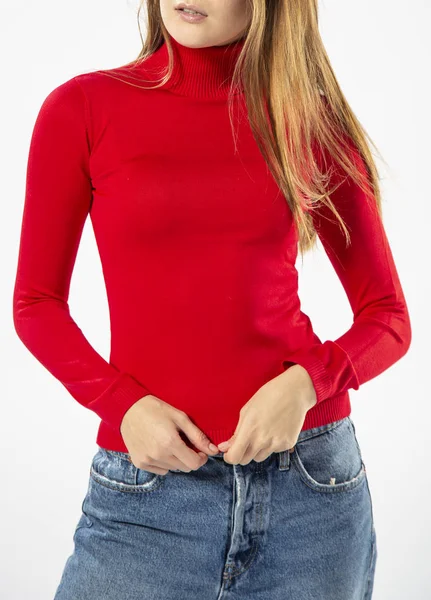 Girl Red Wool Turtleneck Blue Jeans White Background Woman Red — Stock Photo, Image