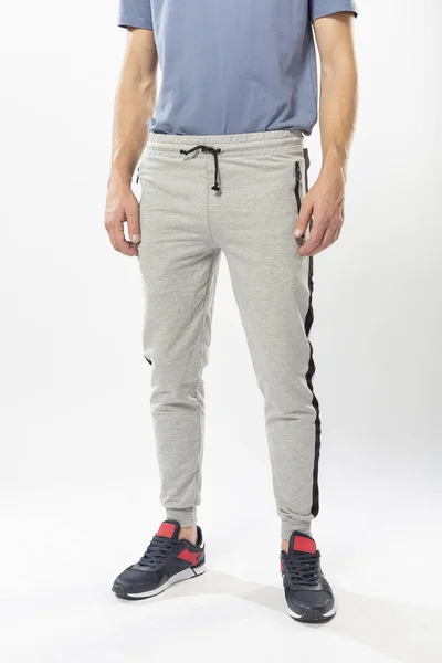 Athletic Man Sweatpants Sneakers White Background Men Sports Pants Close — Stock Photo, Image
