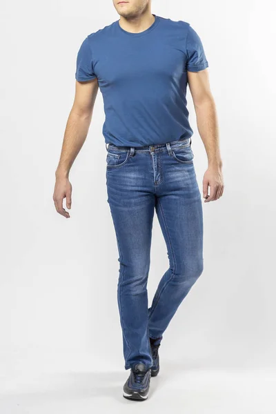 Man Jeans Jeans Byxor Närbild Vit Bakgrund Blå Jeans — Stockfoto