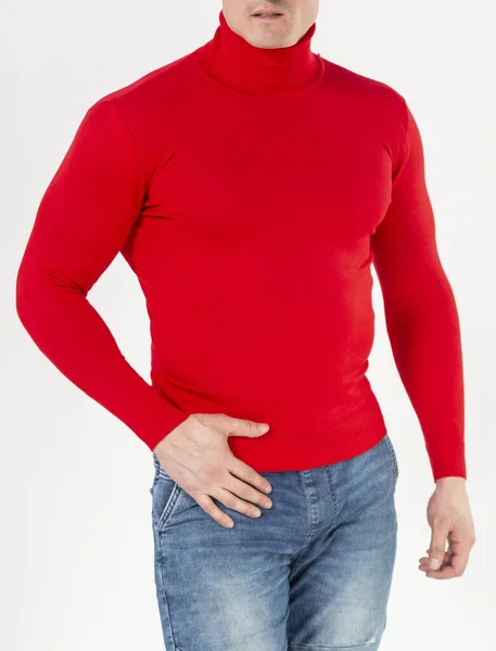 Hombre Cuello Alto Rojo Con Mangas Largas Sobre Fondo Blanco —  Fotos de Stock