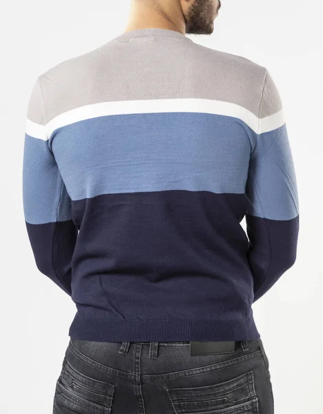 Mężczyzna Niebieskim Swetrze Dżinsach Białym Tle — Zdjęcie stockowe