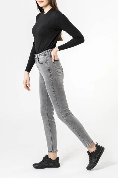 Menina Jeans Mostra Jeans Fundo Branco Close Jeans Cinza — Fotografia de Stock