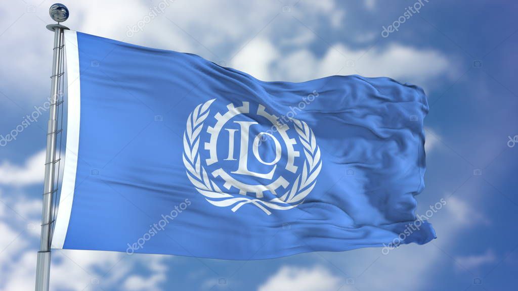 International Labour Organization ILO flag waving against clear blue sky, close up, isolated with clipping path mask luma channel, perfect for film, news, composition