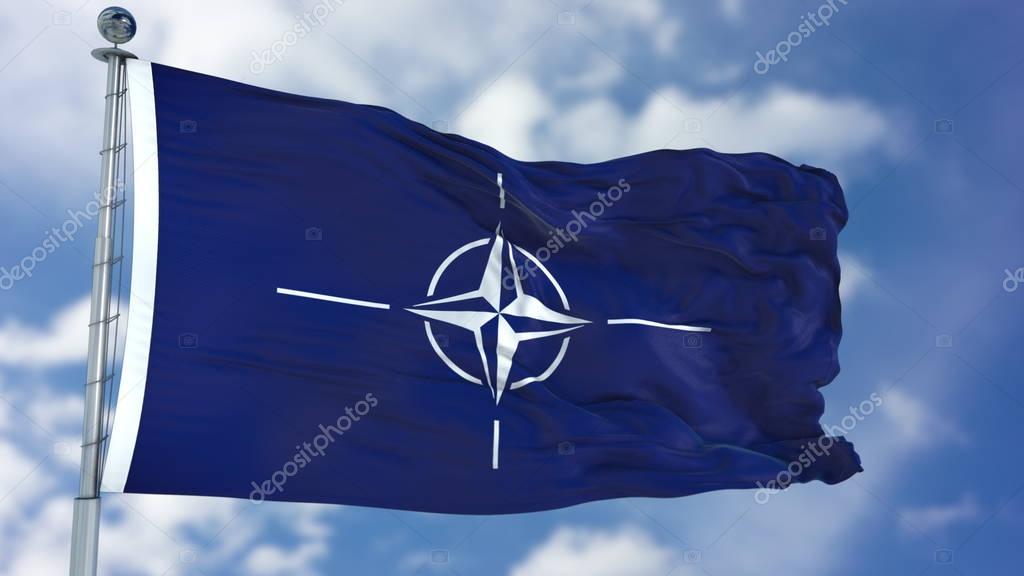 NATO flag waving against clear blue sky, close up, isolated with clipping path mask luma channel, perfect for film, news, composition