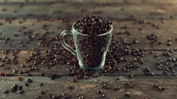 Coffee beans falls on a table in glassware — Stock Video