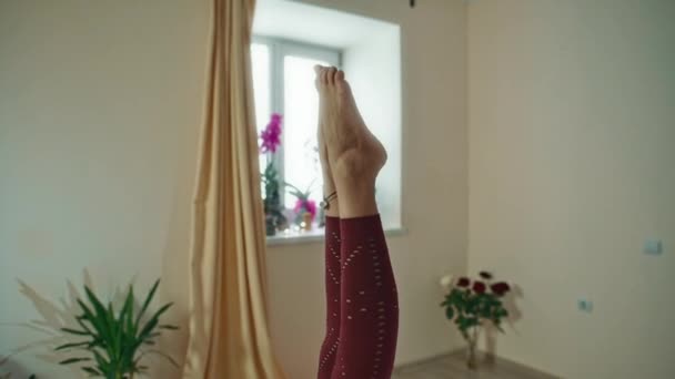 Een mooie vrouwelijke yoga instructeur demonstreert de bochten van het lichaam, strekt zich uit, ontspant, staat op haar hoofd. — Stockvideo