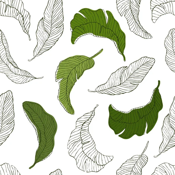 Plantas tropicales patrón de selva sin costura floral. Imprimir vector fondo de la moda verano fondo de pantalla hojas de plátano de palma en estilo gris blanco y negro — Vector de stock