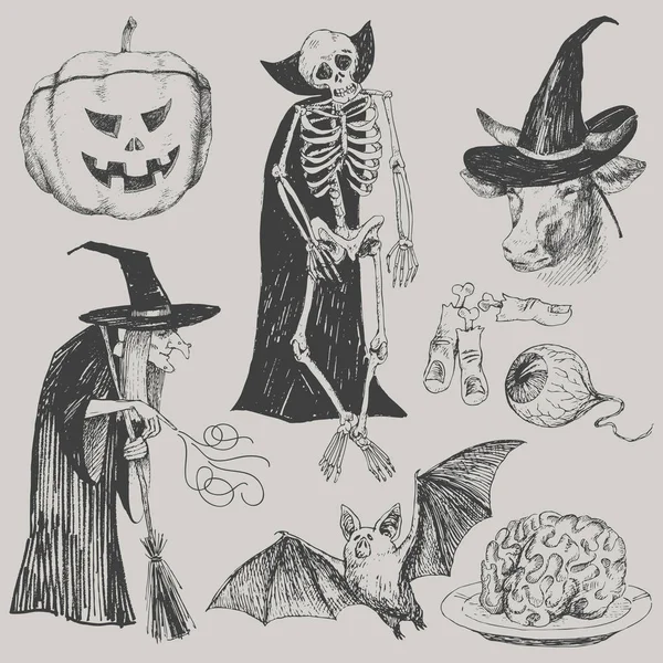 Vektorhandgezeichnetes Halloween-Set. Jahrgangsillustration. ideal für Einladungskarten und anderes Dekor — Stockvektor