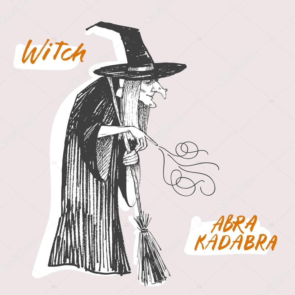 Engraving style. Ink line illustration for Halloween. The witch conjures