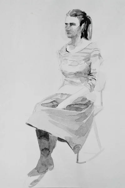 Рисунок чернил с женщиной в элегантной одежде, позирующей на белом фоне. Арт концепция. Графическая концепция . — стоковое фото