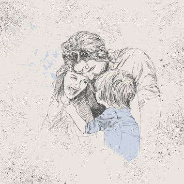 Vektör mutlu bir aile taslağını ebeveynler ve çocuklar. Aile kavramı. Aşk kavramı.