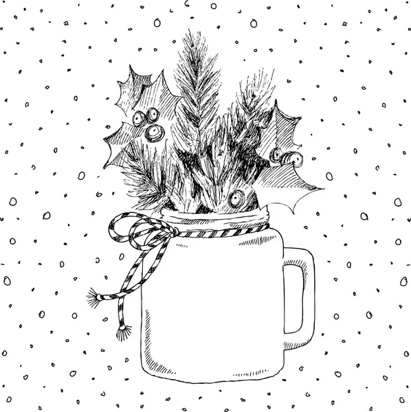 クリスマスの植物とカップ。ベクターの手描きイラスト。クリスマス コンセプト. — ストックベクタ