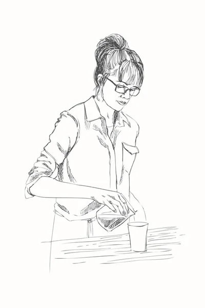 Barista νεαρή γυναίκα. Εικονογράφηση διάνυσμα σε μολύβι στυλ. Γραμμική σκίτσο του ένα colleen σε ένα καφέ-μπαρ. Καφέ έννοια. Εστιατόριο έννοια. — Διανυσματικό Αρχείο