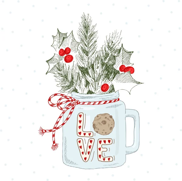 Coupe avec des plantes de Noël. Mot d'ordre Amour avec cookie. Illustration vectorielle dessinée manuellement. Concept de Noël . — Image vectorielle