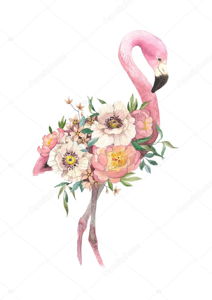 exotic bright bird Flamingo with blooming flowers. Isolated decorative element. Watercolor bird concept. Tropical concept. flower concept