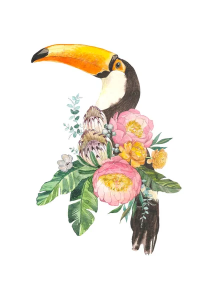 Egzotyczny jasny ptak tukan z kwitnących kwiatów. Na białym tle ozdobny element. Koncepcja akwarela ptak. Koncepcja tropikalnych. koncepcja kwiat — Zdjęcie stockowe