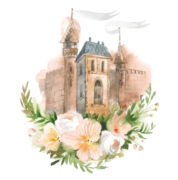 Hand made sketch of old town with flowers. Watercolor artwork. — Stock Photo, Image