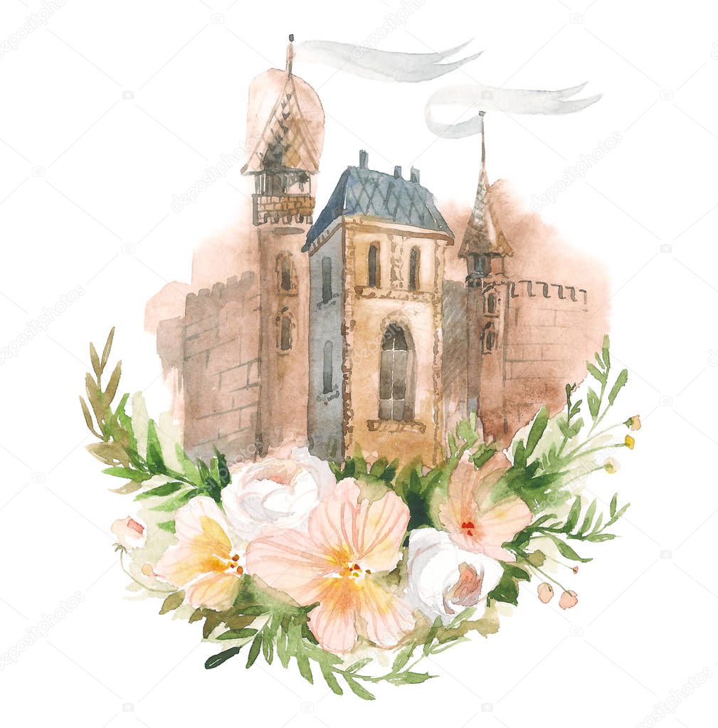 Hand made sketch of old town with flowers. Watercolor artwork.