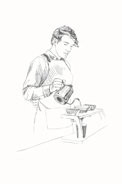 Człowiek młody barista. Ilustracja wektorowa w stylu ołówek. Liniowy szkicu człowieka w bar kawowy. Kawa koncepcja. Restauracja concept. — Wektor stockowy