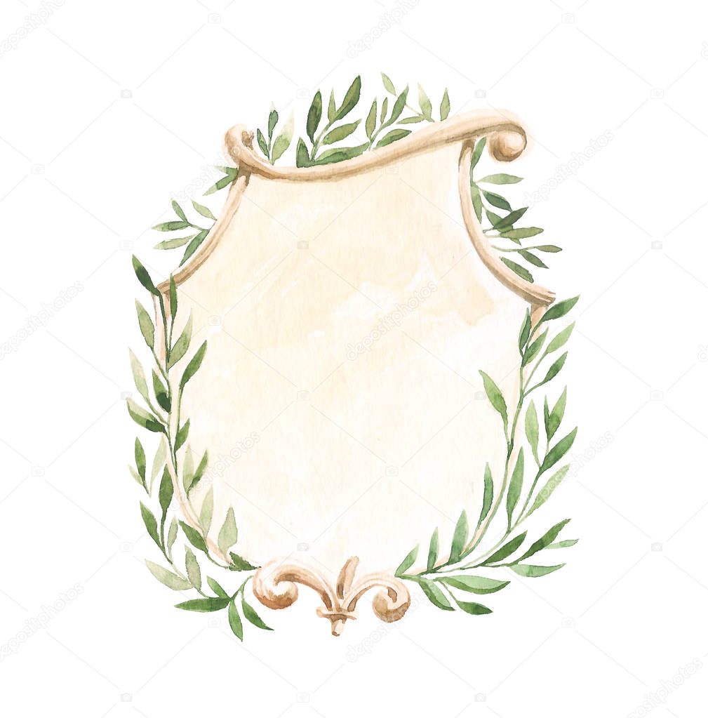 Isolated hand drawing watercolor illustration frame with leaf. Watercolor concept