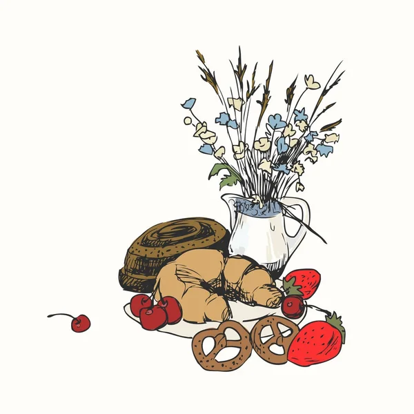 Stilleben mit Backwaren, Croissant, aromatischen Semmeln mit Zimt und Wildblumen. Illustration für Speisekarte, Kochbuch oder Malbuch. Skizze isoliert auf weißem Hintergrund — Stockvektor