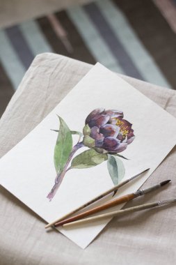 Çalışma alanı. Sulu boya, boya fırçası, beyaz arka plan üzerinde izole ile egzotik çiçek boyalı. Havai görünümü. Düz yatıyordu, en iyi görünümü.