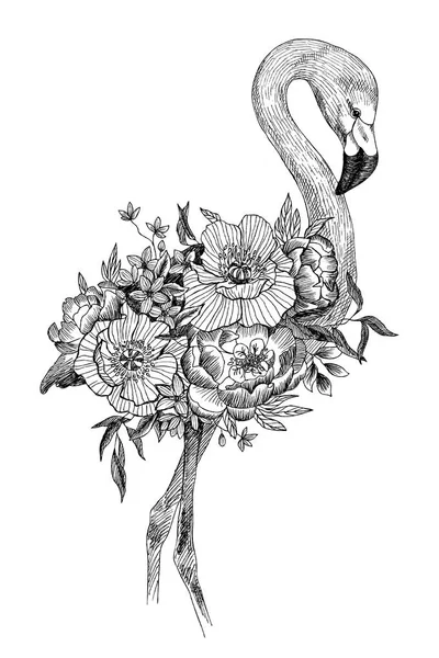 Dessin vectoriel oiseau Flamant rose avec des fleurs en fleurs. Elément décoratif isolé. Concept d'oiseau graphique. Concept tropical. concept de fleur. Style de gravure — Image vectorielle