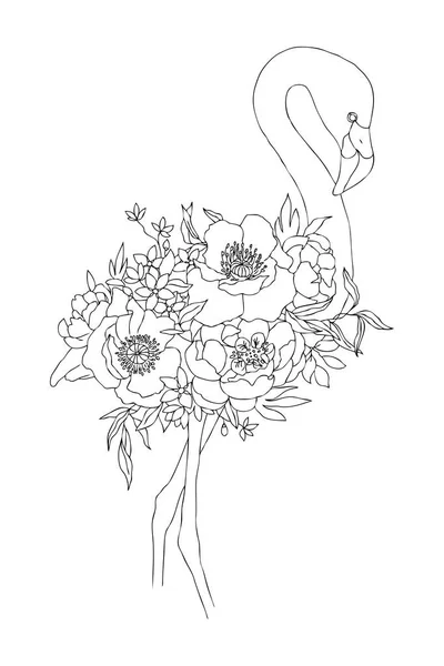 Dibujo lineal vectorial pájaro flamenco con flores en flor. Elemento decorativo aislado. Concepto de ave gráfica. Concepto tropical. concepto de flor. Concepto de tatuaje — Archivo Imágenes Vectoriales