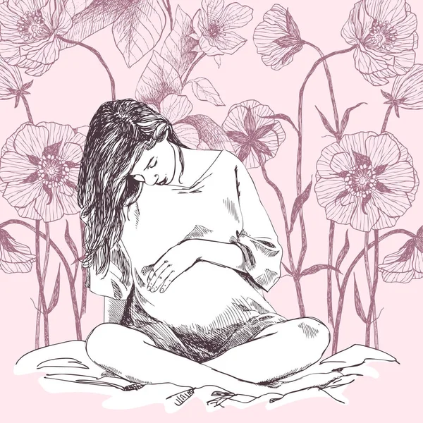 Kobieta w ciąży, spodziewa się dziecka. Kobieta, w otoczeniu kwiatów. Ilustracja wektorowa EPS 10. — Wektor stockowy