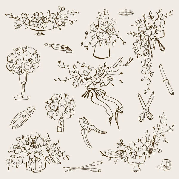 Vintage botanico illustrazione fiori bouquet e strumenti floristici set. Il concetto di matrimonio. Concetto di fiore. Design vettoriale — Vettoriale Stock