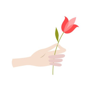 Vektör Sevgililer günü tebrik kartı düz stil - kırmızı bir çiçek düz stil holding erkek eller içinde