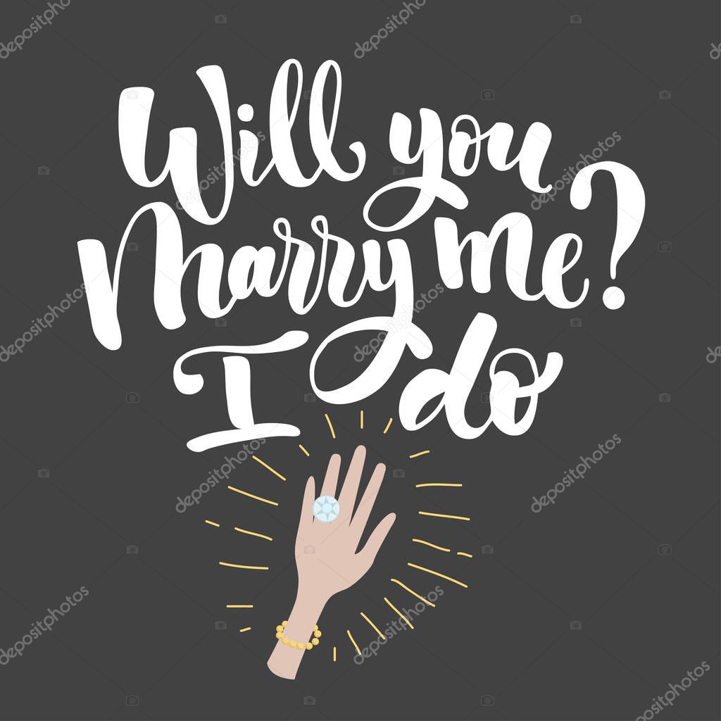 Will you marry me lettering. Hand drawn vector illustration, greeting card, design, logo for Valentine s Day.