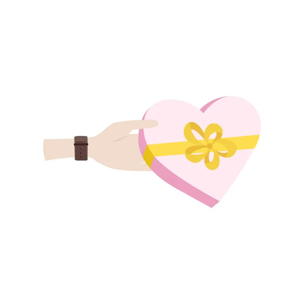 Carte de vœux vectorielle pour la Saint-Valentin en style plat - mains masculines tenant un arc d'emballage cadeau en style plat — Image vectorielle