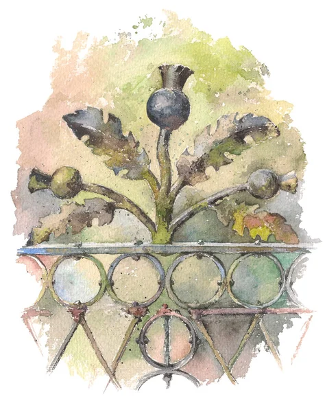 Ακουαρέλα χέρι συρμένο floral στοιχείο του φράκτη, απομονωμένες εικονογράφηση. Ντεκόρ σιδήρου σε πλαστά φράχτη — Φωτογραφία Αρχείου
