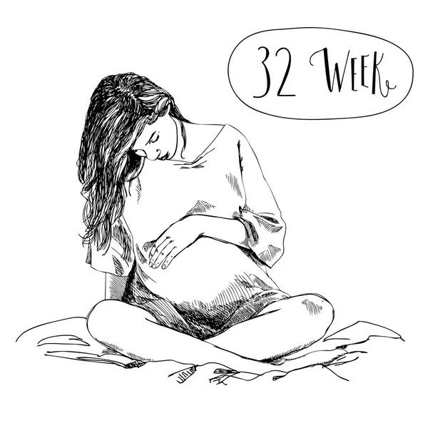 Wanita hamil menunggu seorang bayi. Gambar tangan yang sangat rinci. Ilustrasi vektor Eps 10 . - Stok Vektor