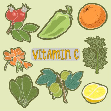 C vitamini gıdalar sağlıklı planı kümesi. Tıbbi sağlık kavramı. Düz simgesi karikatür vektör tasarlamak vektör