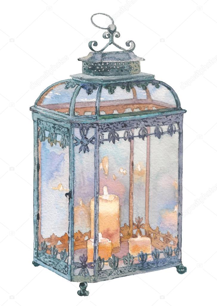 Antique lantern with candle. Watercolor hand drawn painting illustration isolated on white background.