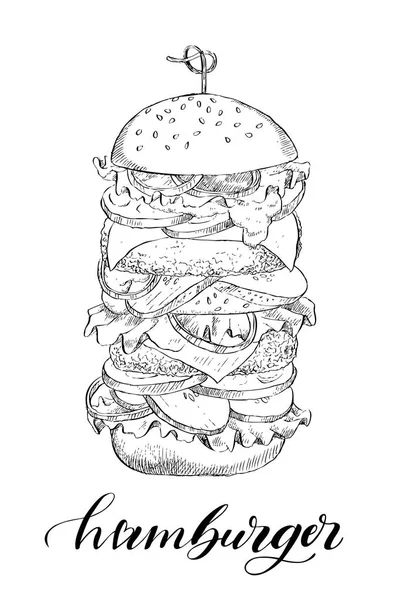 Vázlat kézzel rajzolt ábrán a hamburger. Amerikai gyorsétterem. Vektor-fekete-fehér illusztráció. Élelmiszer koncepció — Stock Vector