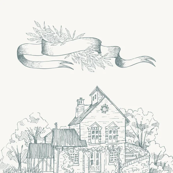 Ancienne ferme et frontière de jardin. Ruban pour texte. Illustration dessinée à la main. Conception vectorielle — Image vectorielle