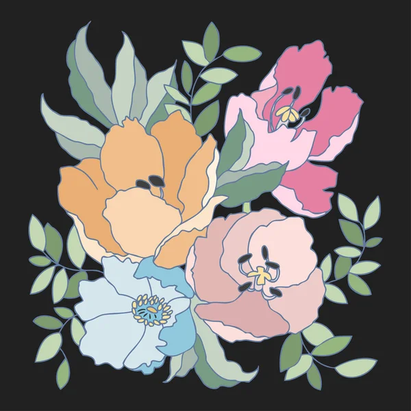 Image vectorielle colorée de fleurs et de plantes sur fond noir — Image vectorielle