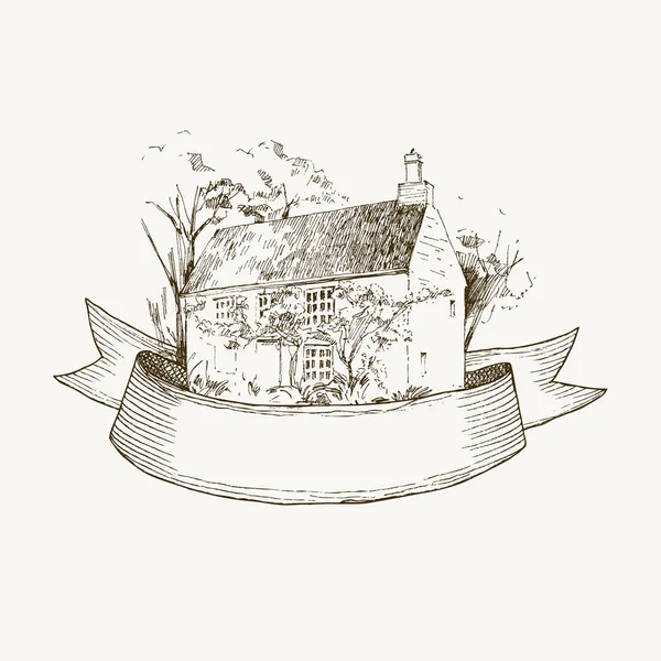 Antiga casa de fazenda e jardim ilustração. Fita para texto. Ilustração desenhada à mão. Projeto vetorial — Vetor de Stock