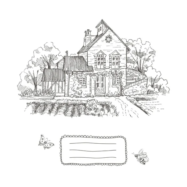 Antiga casa de fazenda e jardim ilustração. Quadro para texto. Ilustração desenhada à mão. Projeto vetorial — Vetor de Stock