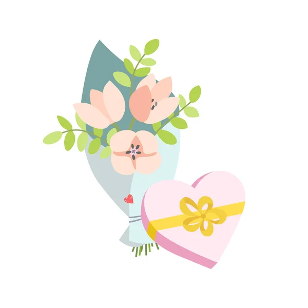 Bouquet printanier de fleurs et un cadeau en forme de cœur. Saint Valentin, fleurs de bouquet d'anniversaire. Illustration vectorielle en plan — Image vectorielle